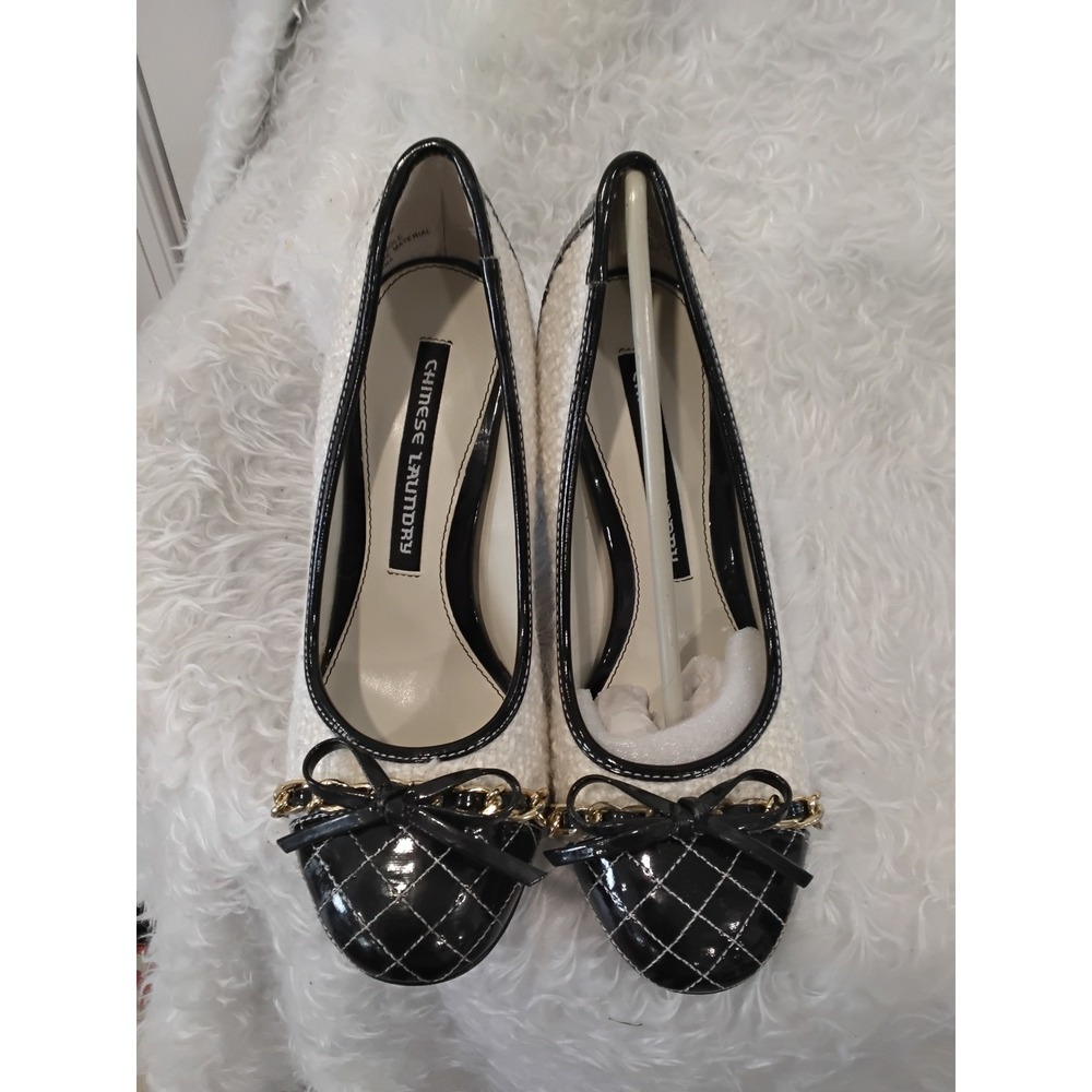 Chinese‎ Laundry Tweed Patent Heels Black Cream Quilted Gold Chain Pumps 7.5M